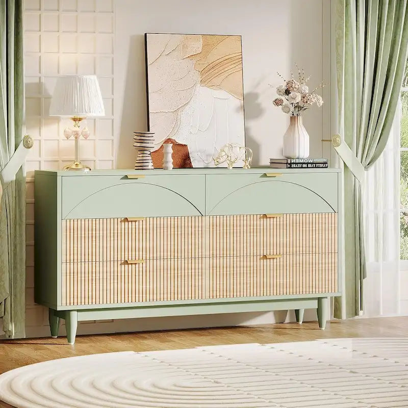 Commode de 55 pouces pour chambre à coucher, longue commode double organisatrice en bois verte
