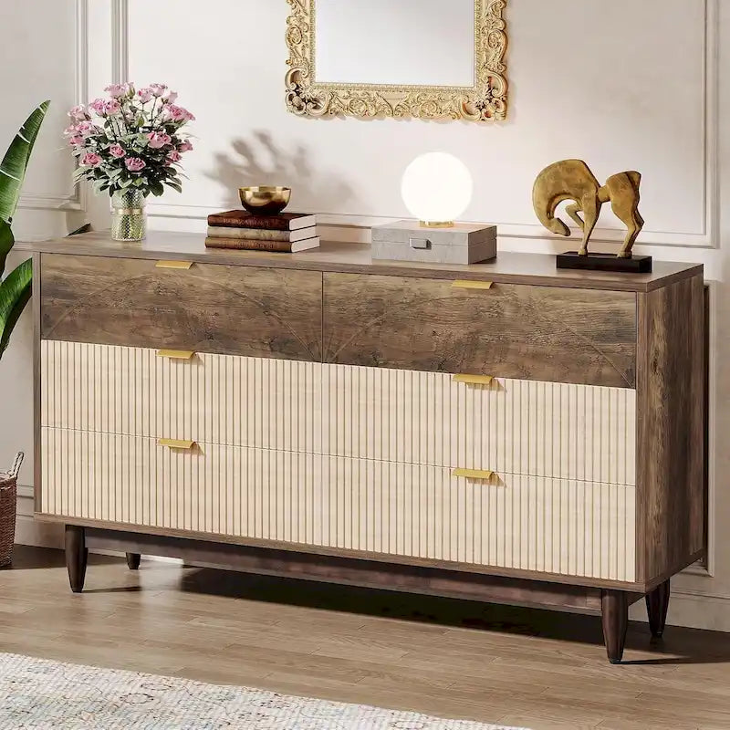 Commode de 55 pouces pour chambre à coucher, longue commode double organisatrice en bois verte