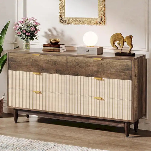 Commode de 55 pouces pour chambre à coucher, longue commode double organisatrice en bois verte