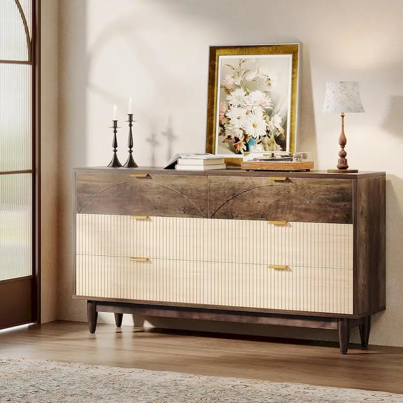 Commode de 55 pouces pour chambre à coucher, longue commode double organisatrice en bois verte